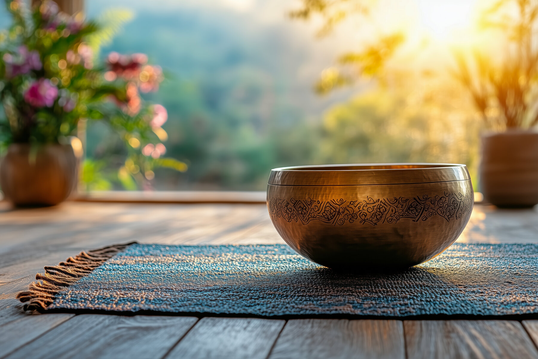 A Tibetan singing bowl on a woven mat in warm window light